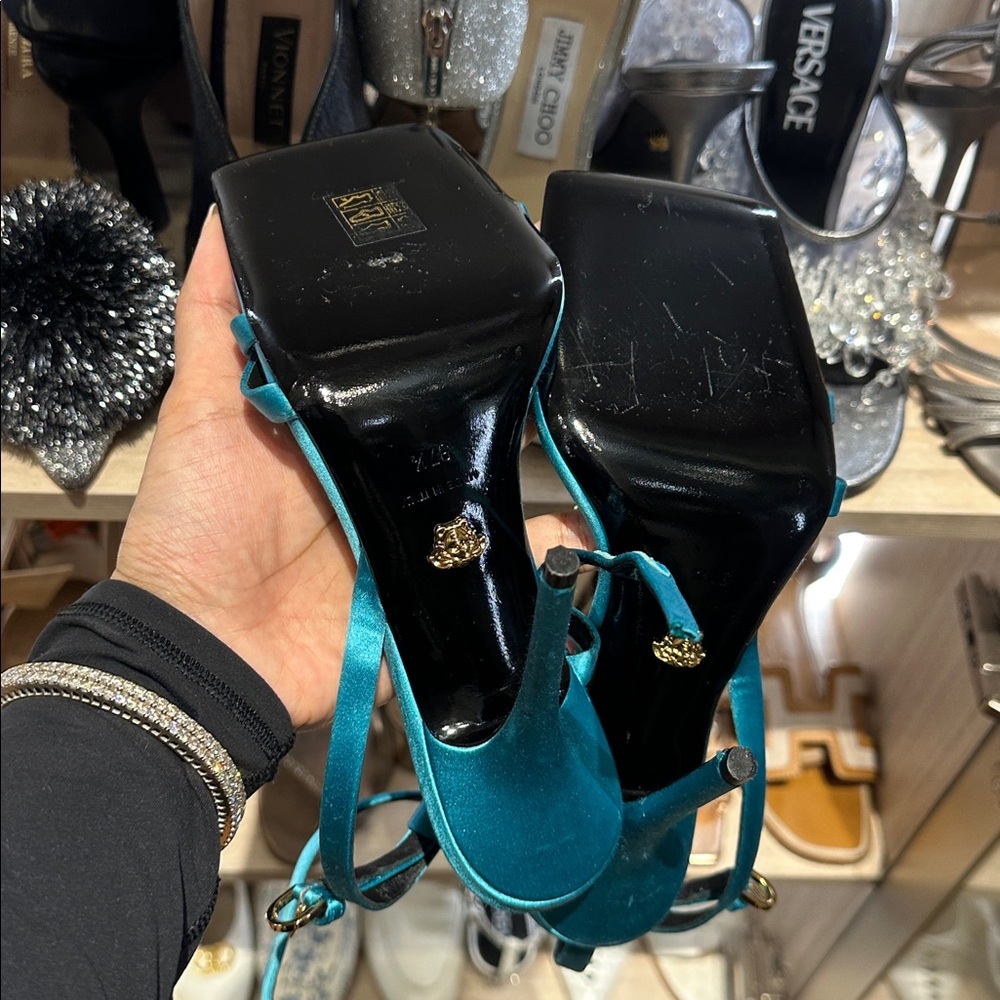 Versace NWOT Turquoise Gold Medusa ‘95 Strappy Satin Stiletto Heels (Size 37.5) - Picture 3 of 6